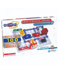 Snap Circuits Jr - Package Front. Model SC100. Designed for ages 8 and up. Package size is 21 x 6 x 12. Makes learning electronics a snap! Build over 100 projects!